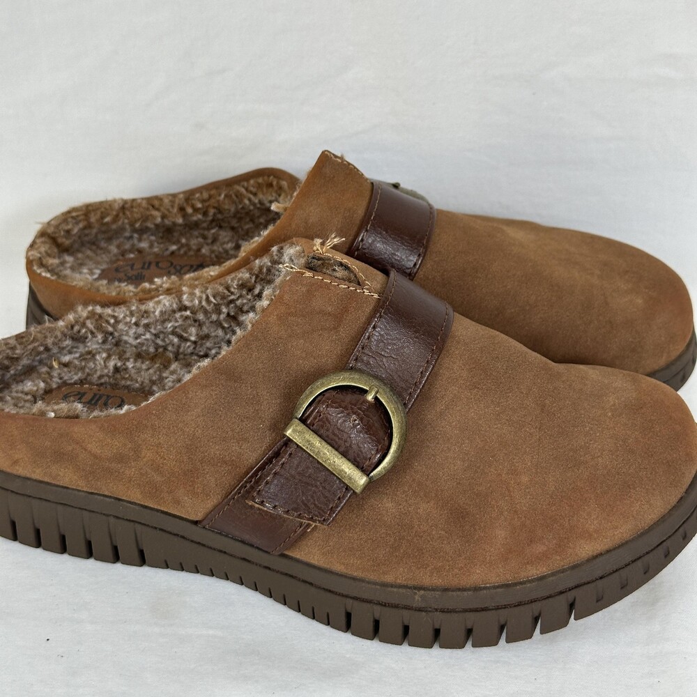 Eurosoft By Sofft Shoes Womens Size 6 Brown Faux Fur Lined Clog Mule Buckle